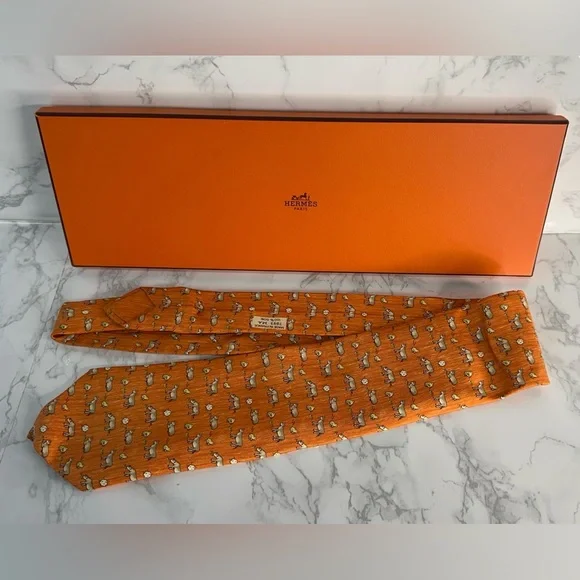Hermes Orange Tie with Green and White Accents - Picture 3 of 10